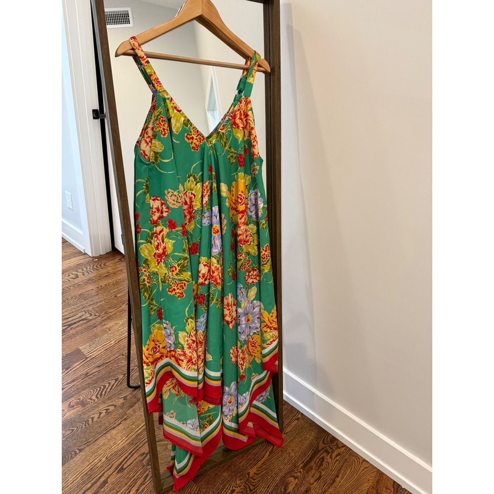 Mlle Gabrielle Womens 1X Green Floral Handkerchief Hem Dress Adjustable Straps